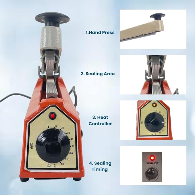 8 Inch Hot Bar Type Hand Sealer Machine for Silver & Laminated Pouches | Portable Manual Heat Sealing Tool for Plastic, Poly, PP & LDPE Bags - Image 2
