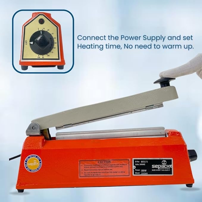8 Inch Hot Bar Type Hand Sealer Machine for Silver & Laminated Pouches | Portable Manual Heat Sealing Tool for Plastic, Poly, PP & LDPE Bags - Image 3