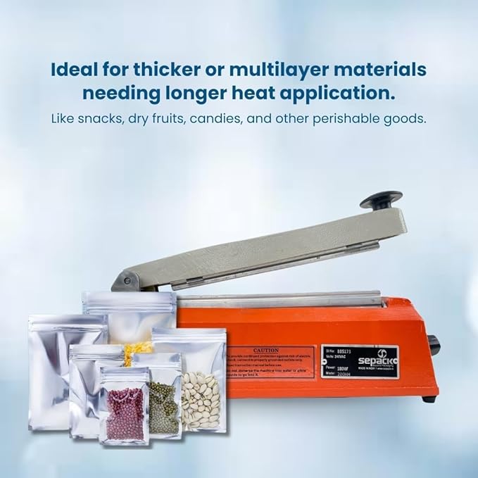 8 Inch Hot Bar Type Hand Sealer Machine for Silver & Laminated Pouches | Portable Manual Heat Sealing Tool for Plastic, Poly, PP & LDPE Bags - Image 5