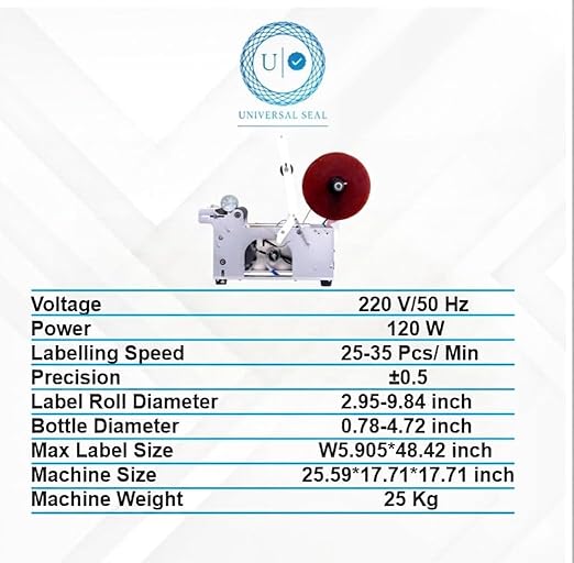UNIVERSAL SEAL MT-50 Semi-Automatic Round Bottle Labeling Machine | High-Precision Label Applicator for Glass & Plastic Bottles | Efficient Bottle Lab - Image 3