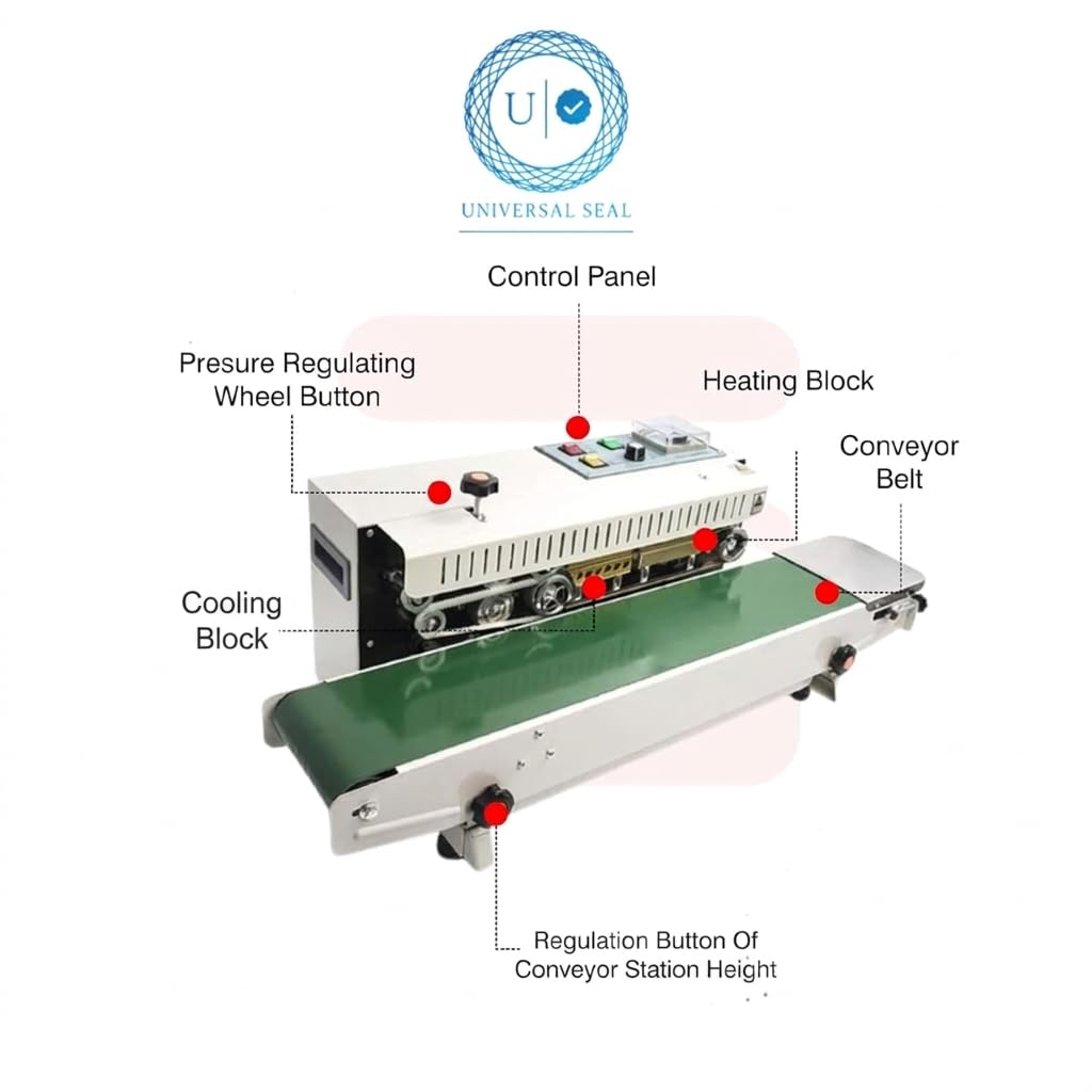 UNIVERSAL SEAL FR900 Continuous Band Sealing Machine | 0-18m/min | 6-15mm Seal Width | Plastic Bag Sealer for Food Pouches & Packaging (220V/110V, Mil - Image 2