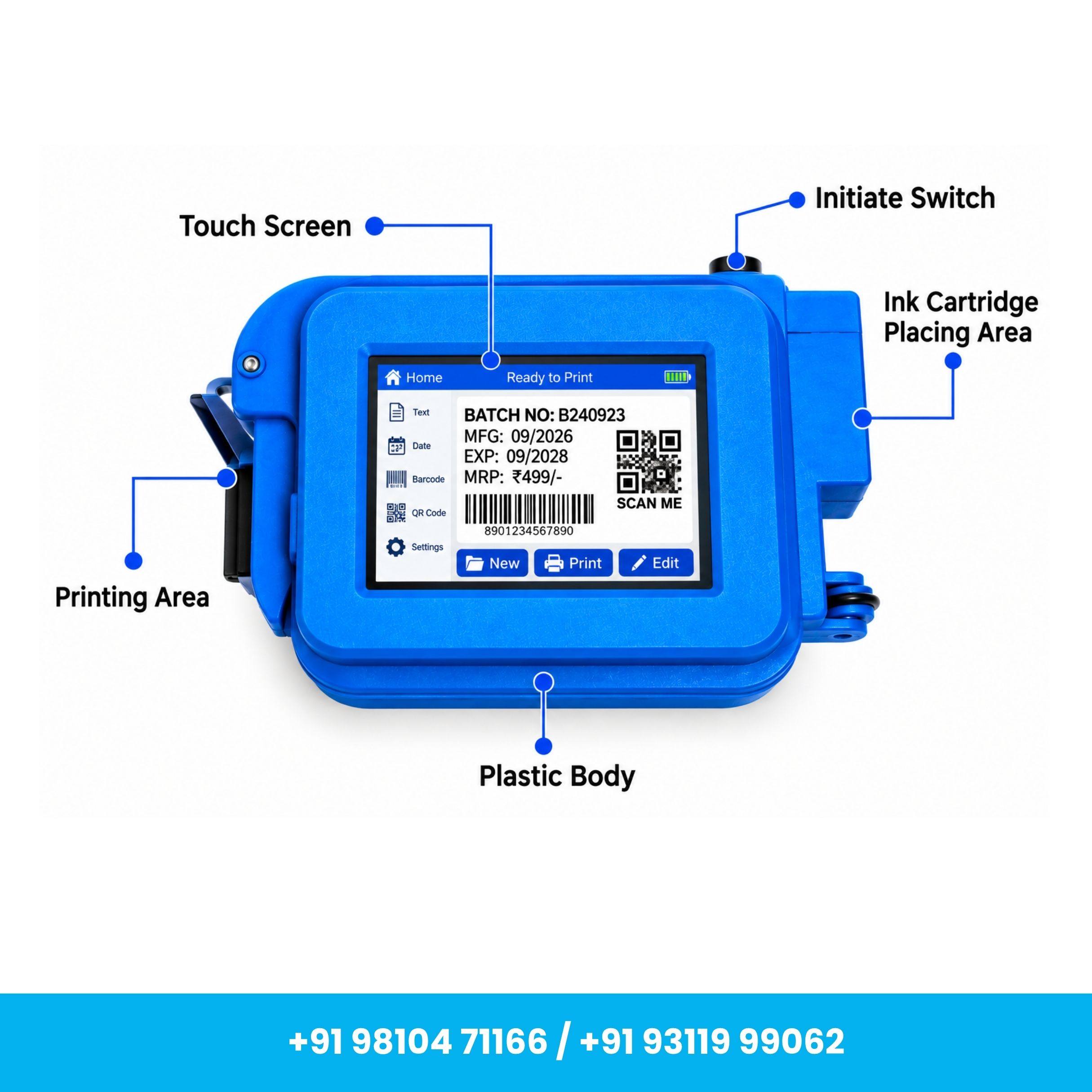 12.7mm Portable Mini Handheld TIJ Inkjet Printer for Round Surfaces – Date, MRP & Batch Coding
